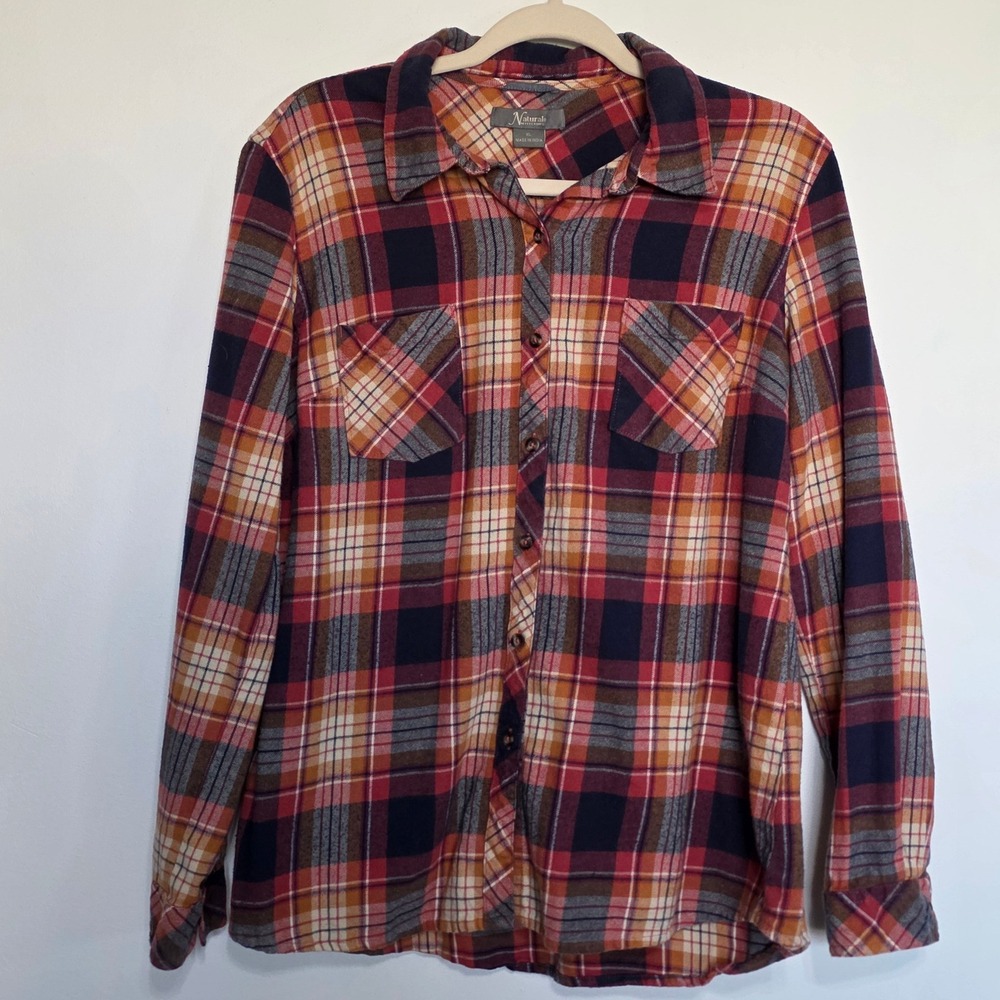 Natural Reflections Womens XL 100% Cotton Plaid Flannel Shirt Orange Navy Blue